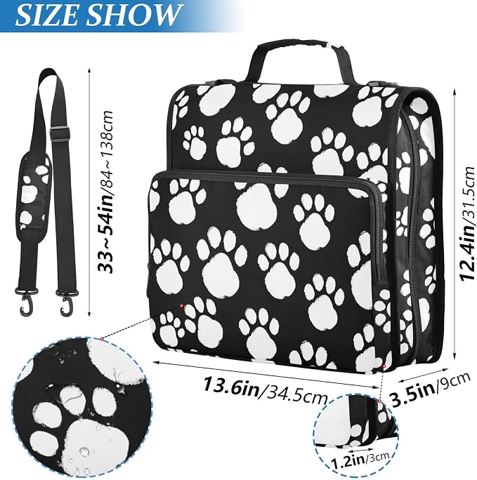 White Black Paws Print 3 Ring Binder Bag 1.5 inch Binder Organizer with Zipper Shoulder Strap 500 Sheet Documents Storage for School Office