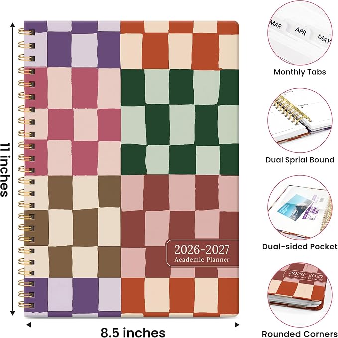 Planner 2026-2027, Academic Year Monthly & Weekly Planner Caledndar, July 2026 - June 2027, Hardcover Large Planning Agenda Book with Tabs for School Office Supplies, 8.5" x 11" - Checkered