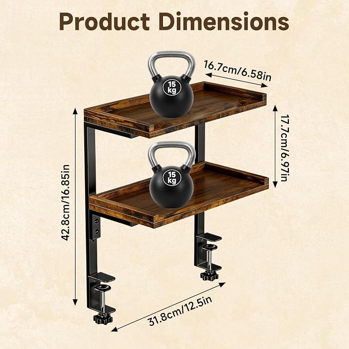 Clamp on Desk Shelf,2-Tier Office Desk Shelves Organizer, Expandable Under Desktop Storage,Wood Desktop Storage Rack for Home Workspace, Study Rooms,Gaming Devices (Brown)