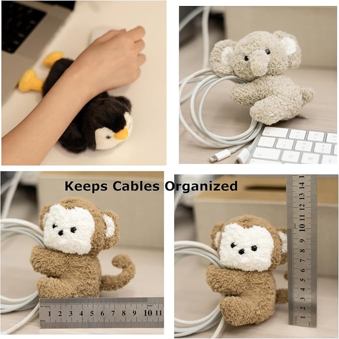 Cute Animal Plush Gift Set-Penguin Wrist Rest & 3 mini Plush Clips(Monkey,Dog,Elephant) Kawaii Cozy Desk Decor for Office, Study, Home,Gift Box Included