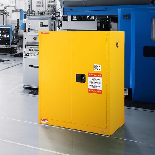 VEVOR Flammable Cabinet 18" x 43" x 50", Cold-Rolled Steel Flammable Liquid Storage Cabinet 34 Gal with 2 Adjustable Shelves/2 Manual Closing Doors for Industrial Use, Yellow | For Industrial Use, Cold-Rolled Steel, 34 Gal, with 2 Adjustable Shelves, 2...
