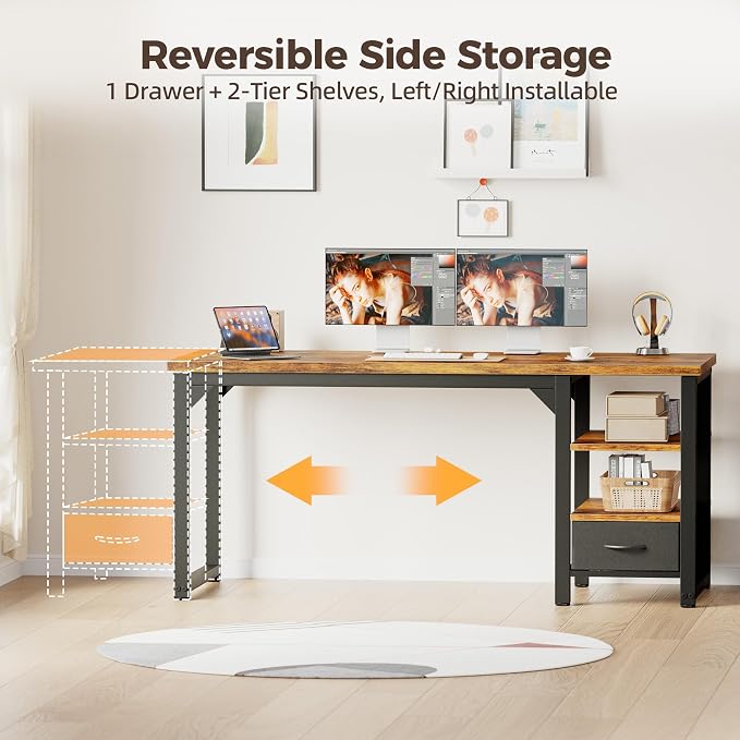 54 in Computer Desk with Drawer, 1" Thick Reversible Office Desk | Large Modern Writing Table with Storage Shelves, Heavy Duty Industrial Executive Desk for Home Bedroom Study Work