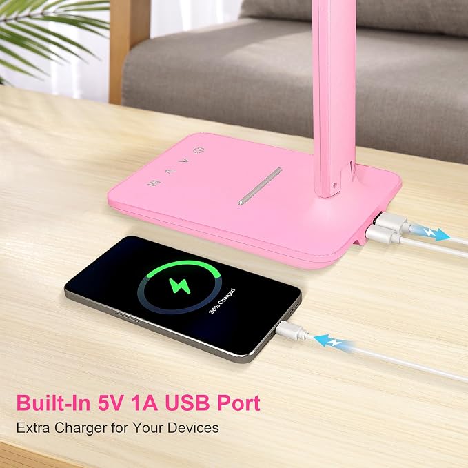 LED Desk Lamp for Office Home, Bright Desk Light with USB Charging Port, Adjustable Dimmable Desk Lamps 5 Modes 5 Brightness, Touch Study Lamp for Nail, Craft, Puzzle, Sewing, Study, Pink