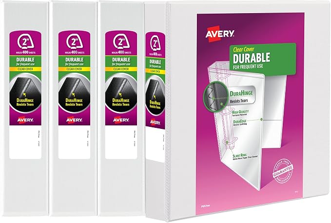 Avery Durable Clear View 3 Ring Binders, 2 Inch EZD Rings, 4-Pack of White Binders (79925)