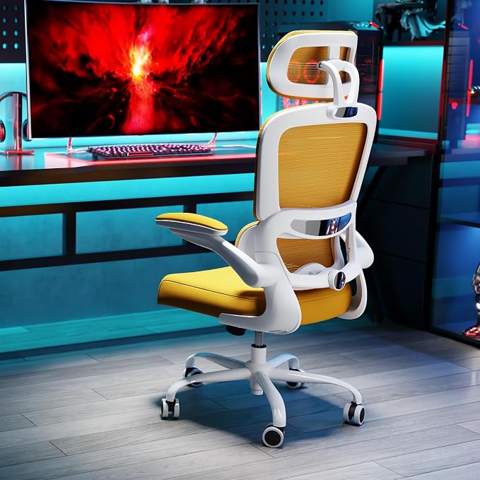 TRALT Office Chair Ergonomic Desk Chair - Gaming Chair with Lumbar Support | 330 LBS Home Office Desk Chairs with Headrest, Reading Chair with Flip-up Armrests, Comfortable Computer Chairs (1, Yellow)