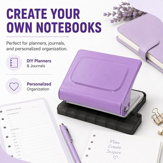 10 Hole Punch Binding Machine Kit for Planner (Purple) with 10 Multi-Color Spiral Coils, Adjustable A4 A5 B5 Paper Puncher, DIY Notebook Scrapbook Maker for Home Office School Organization