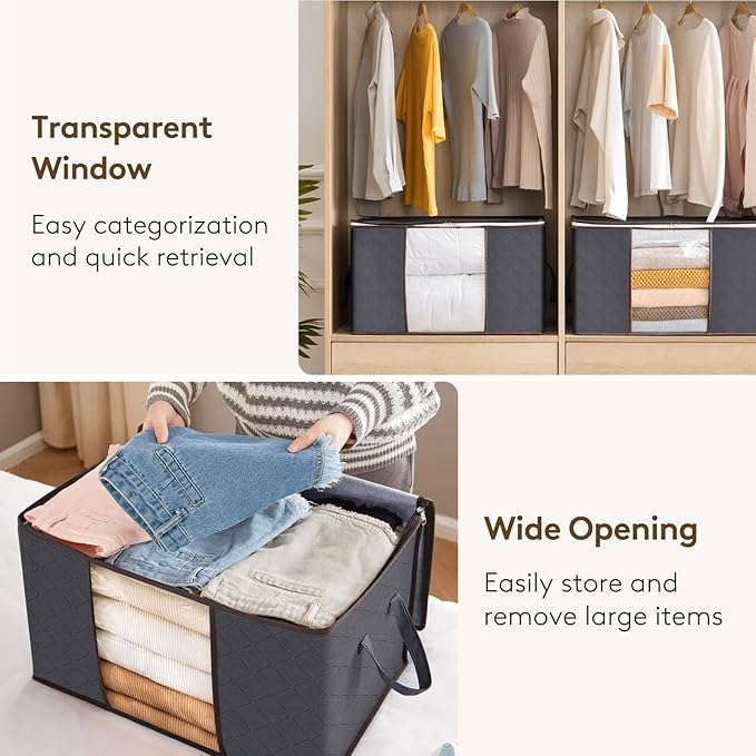 Lifewit 2 Pack Clothes Storage, Foldable Organization Bins with Lids and Clear Window for Blanket, in Closet with Reinforced Handles for Clothing, Bedding, Gray