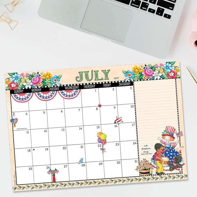 Current 2027-2028 Desk Calendar Pad | Mary Englebreit, 11” x 16.25”, Large, 2024-Month, 12 page Designs, Self-Stick Magnet Strips