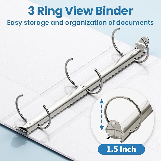 SUNEE 1.5 Inch Binders 3 Ring 8 Pack Bulk, PVC-Free Clear View 1 1/2 Inch Binders (Fits 8.5x11 Inches) for School, Office & Home Use, White