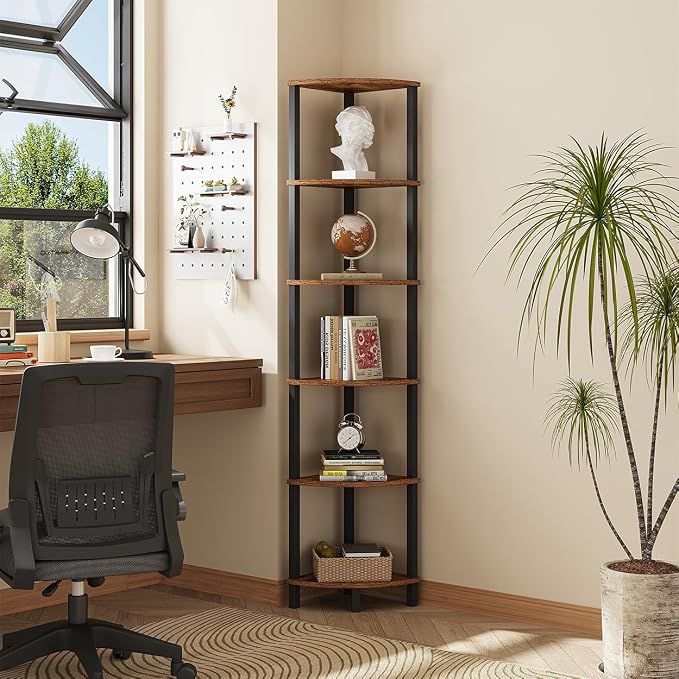 VIMBER Corner Shelf, 6-Tier Corner Bookshelf, Industrial Corner Ladder Shelf, DIY Storage Shelves, Rustic Display Shelf for Living Room, Bedroom, Kitchen, Home Office, Rustic Brown and Black UJSJ004F
