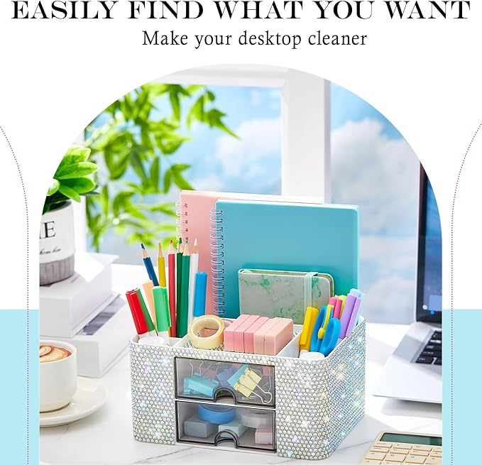 MotiMind Silver Bling Desk Organizer with 2 Drawer, Sparkly Makeup Organizer for Vanity, Girly Desk Accessories, Rhinestone Pen Holder, Elevate Your Workspace with Silver Serenity (Diamond)