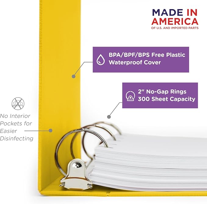 Carstens 2-Inch Heavy Duty 3-Ring Binder - Side Opening, Yellow, Durable Plastic, No-Gap Rings, Waterproof Covers, No Pockets, Holds 300 Letter-Sized Sheets, BPA-Free, Made in USA (2842-3R) Case of 16
