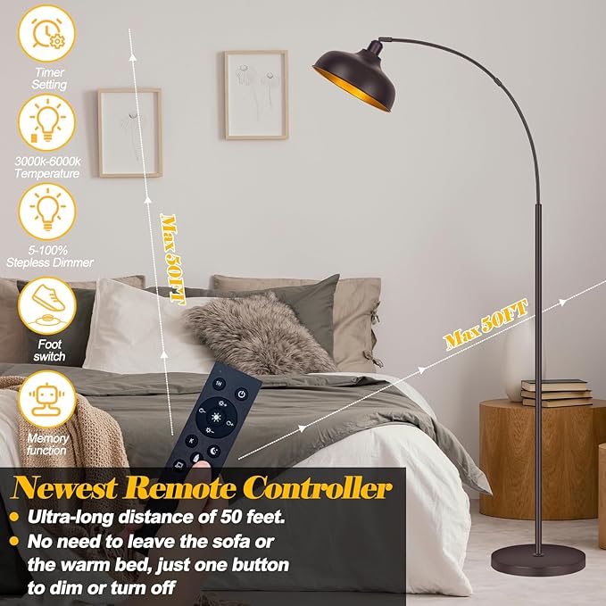 Arc Floor Lamps Bronze, Standing Lamps for Living Room Reading Lamps 70” | Arch Floor Lamp with Remote Control, Foot Switch, Metal Shade, Stepless Dimmable LED Bulb, Brown Floor Tall Lamp for Bedroom