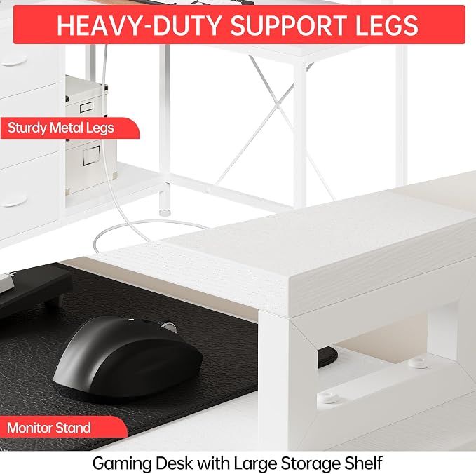 Hetoy L-Shaped Gaming Desk with Power Outlets, Corner Desk with Drawers, Shelves & LED Lights, Computer Desk for Home & Office