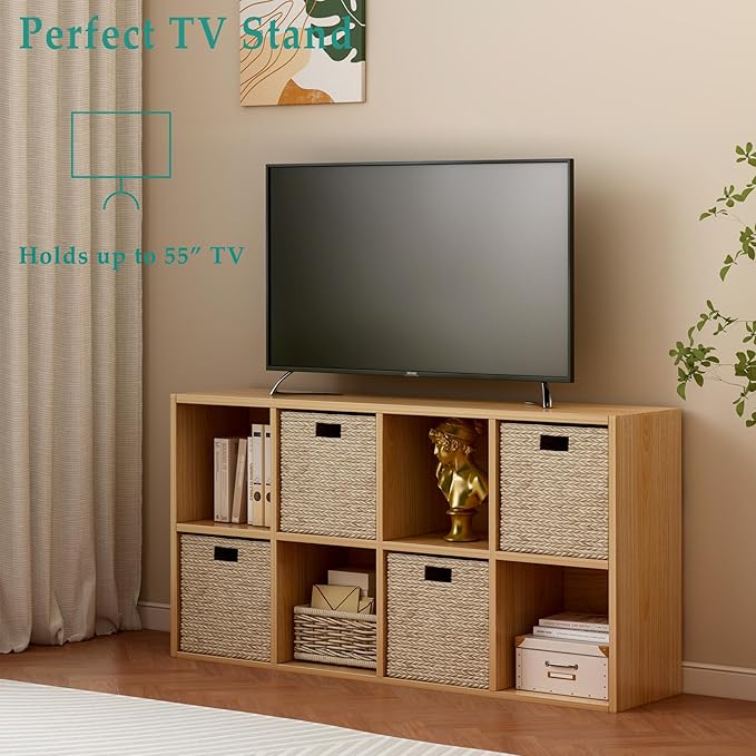 8-Cube Storage Shelf Bookcase, Oak | Wooden 4-Tier Open Bookshelf, Fits 11×11" Bins, Vertical or Horizontal Use, Full Back Panels, For Home Office