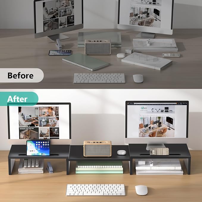 WALI Extra Long Wooden Dual Monitor Stand Riser with 2 Slots, up to 22lbs | Underneath Storage, Adjustable Length & Angle, Multi-Purpose Desktop Organizer Desk Shelf for Home Office PC, Laptop, Printer