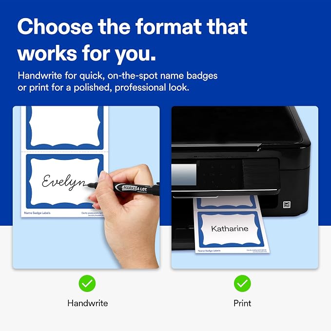 Avery Customizable Name Tags, 2-1/3" x 3-3/8", White with Blue Border, Removable Adhesive, 100 Name Badge Labels per Pack, Great for Meetings, Events, and More (6 Packs of 44144)