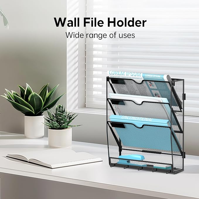 4-Tier Wall File Organizer and Mail Organizer with 5 Hooks, Black | Label slots, curved openings, 5 key hooks, and a bottom tray support organized mail, file, and everyday item storage.