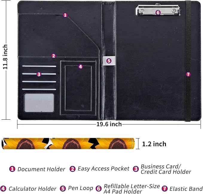 Padfolio/Portfolio Folder Clipboard,Padfolio Clipboard,Writing Portfolio Leather with Cover for Card Holder Slot Letter Size A4 for Office Conference Notepad Clip Boards,Cow Print Sunflowers