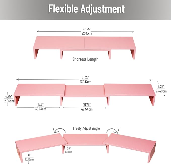 Mind Reader Dual Monitor Stand, Desktop Organizer, Laptop Riser, Office, MDF, 51.25"L x 9.25"W x 4.75"H, Pink