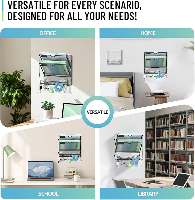 3-Tier Wall File Organizer with 5 Hooks, Wall Mounted Mail Organizer | File Holder Organizer, Metal Mesh Office Wall Organizer for Home, School & Classroom