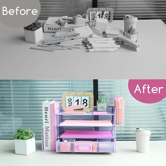 Desk Organizers and Accessories with File Holder, 4-Tier Paper Letter Tray Organiser with Drawer and 2 Pen Holder, Mesh Desktop Document Organizer for Office Supplies, Workspace - Purple