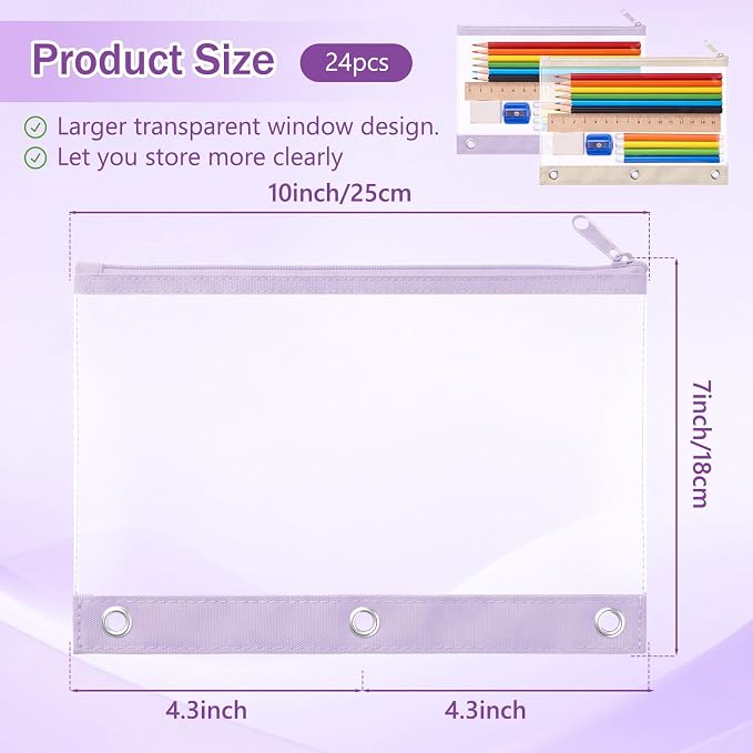 24 Pack Pencil Pouches for 3 Ring Binder Bulk Enlarge Clear Window Pencil Pouches Zipper Pen Case 3 Reinforced Grommet Pen Bag for Binder Utensil Organize Office Supplies(Pink Purple Colors)