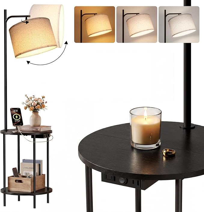 ONEWISH Floor Lamp with Table, USB/Type-C/AC Charging Ports, 9W LED Bulb, Round Table & Nightstand for Bedroom & Living Room(Black)