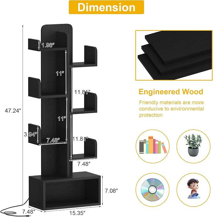 Qupui 6-Tier LED Bookshelf, 47" Tall Cactus Corner Bookcase, Black | RGB 22 Modes 6 Brightness Levels. Cactus-inspired Tree Design. Engineered Wood. 6 Shelves Hold 5-10 Books Each. For Bedroom