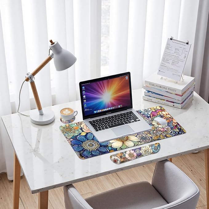 Flowers Mouse Pad Set Colorful Abstract Floral Pattern Gaming Mousepad 4in1 Desk Mat for Desktop Wrist Support Cup Coaster Set Ergonomic Computer Desk Arm Wrist for Decor Home Office