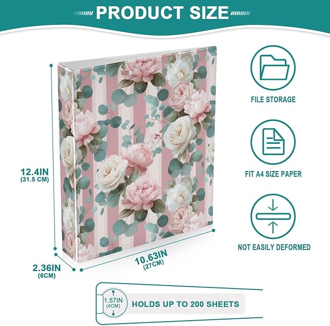 Rose Flower Printed 3-Ring Binder for School Office, 1.5 Inch Round Ring Binder for Home Recipe Budget Aesthetic Binder with Pocket Metal Non-Slip Clip Holds 200 Sheets of Paper
