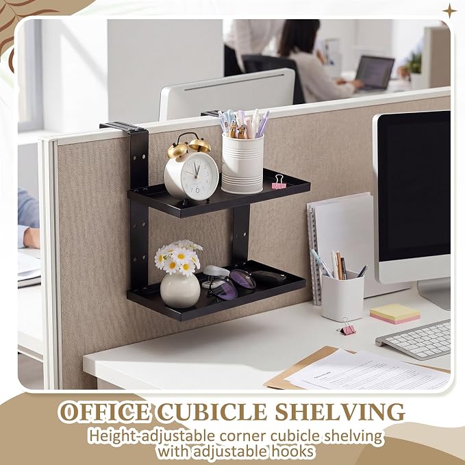 2 Tier Large Cubicle Rectangle Shelf, 11.8''l x 7.87''w Office Cubicle Storage Organizer Accessories, Adjustable Rectangle Shelf with Hooks