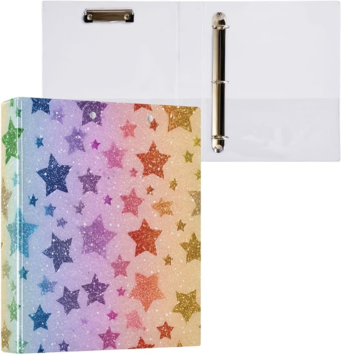 3 Ring Binder Rainbow Star Glitter Pattern 1.5 inch Binders Three Ring Binders with Clipboard Fit 8.5'' x 11'' Paper 3 Interior PVC Clear Pockets for Office Supplies