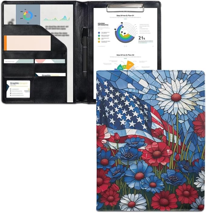 Dreaweet Patriotic Floral Portfolio Padfolio Organizer Binder with Clipboard,250th Anniversary Leather Business Interview Resume Document Holder Folder Planner Organizer for Office Conference