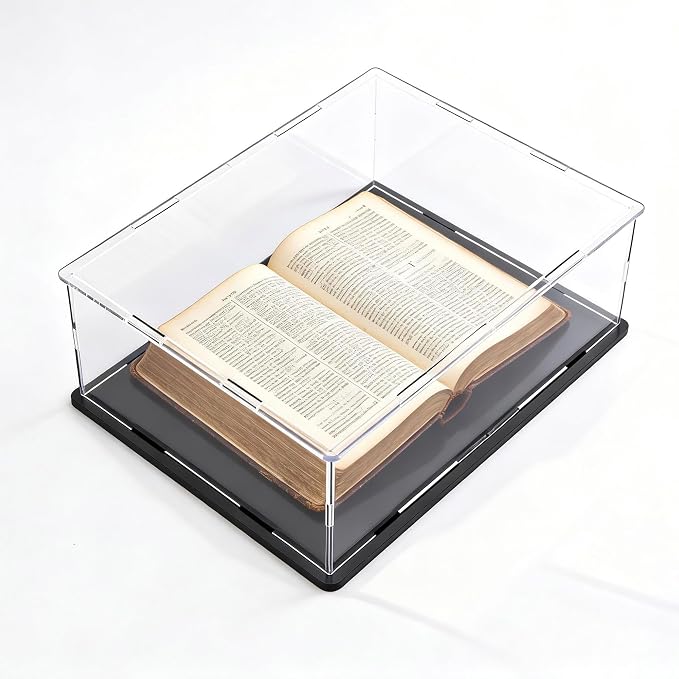 Acrylic Display Case, Clear Acrylic Display Box with Matte Base, Dustproof Collectible Showcase for Books, Stamps, Medals, Maps, Albums and Jewelries, 13x 13 x 5 inch