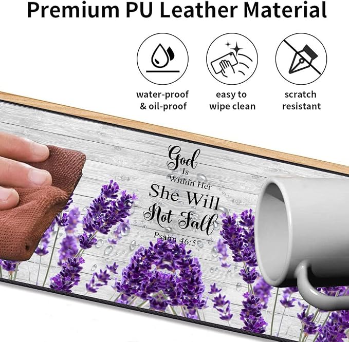 Large Gaming Mouse Pad 31.5x11.8 Inch Keyboard Pad + Ergonomic Wrist Rest Pad and Coaster with Non-Slip 3-Piece Desk Supplies Set, Bible Psalm 46:5 Lavender Design for Gamers/Office/Study