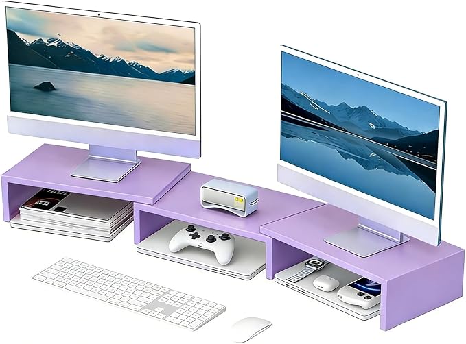 Desk Organizers and Accessories, Dual Monitor Stand Riser, Monitor Desk Shelf for Desktop Organization (Purple)