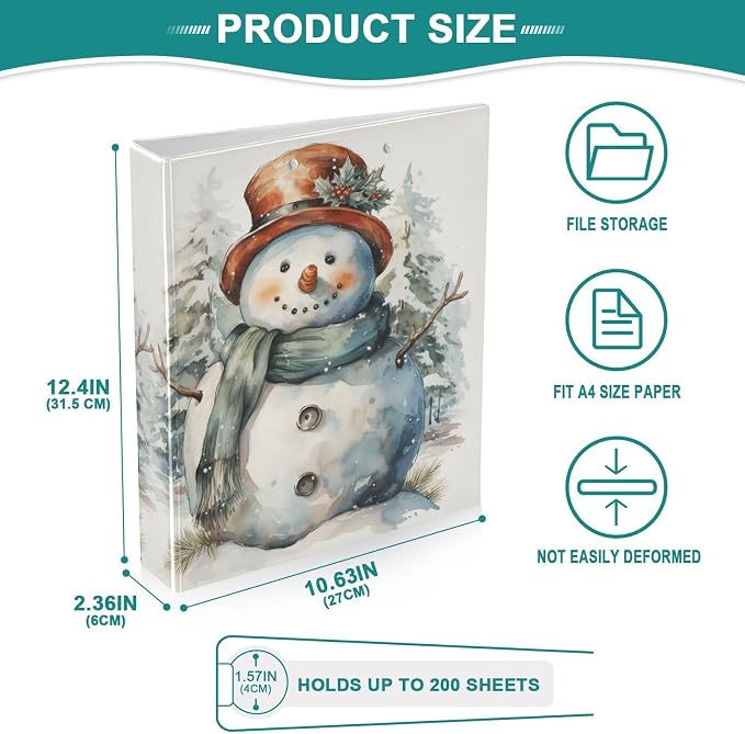 3 Ring Binder Snowman Retro Snowflakes 1.5 inch Binders Three Ring Binders with Clipboard Fit 8.5'' x 11'' Paper 3 Interior PVC Clear Pockets for Office Supplies