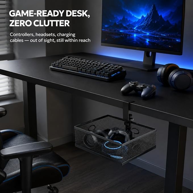 Under Desk Organizer, Clamp On 360 Swivel Mesh Drawer, No Drill, Black | Pulchrum hidden storage basket with cable holes, 10 lb capacity attachment for standing or gaming setups, home office tidy