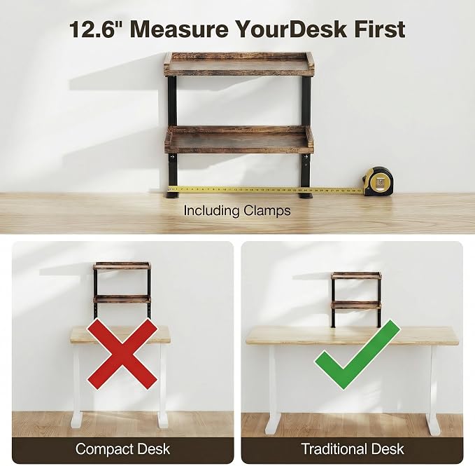 Clamp On Desk Shelf 2-Tier, 12.6 inche Wood Shelving Unit for Office Desk/Gaming Accessories, Tabletop Book Storage Rack, Shelf for Top & Under of Desk, Brown
