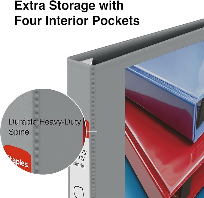 Staples Heavy-Duty 1-Inch D-Ring View Binder, Reinforced Spine, Holds Up to 275 Sheets, Gray, for Office & School