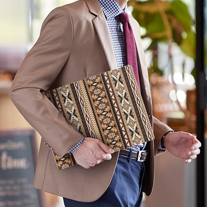 Dreaweet Brown Aztec Leather Portfolio Western Tribal Geometric A4 Document Folder Work Pad Padfolio,Letter Size Notepad Clipboard,Resume Folio Binder