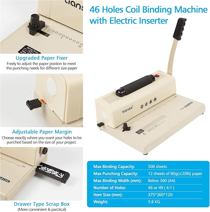 TIANSE Binding Machine - Electric Coil Inserter for Professional Binding, 12-Sheet Punch, for Letter/A4/A5 & Plastic/Metal Coils, with 100 Coil Spines & Pliers for Home, Office, School, DIY