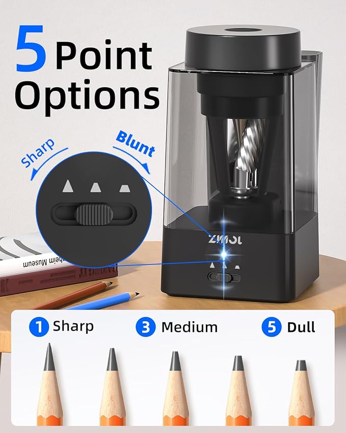 Zmol Full Automatic Electric Pencil Sharpener for Colored Pencils,Auto in & Out, Rechargeable Hands-Free,Heavy Duty Pencil Sharpeners for Classroom, 6-12mm Jumbo Pencils,Home,School,Office