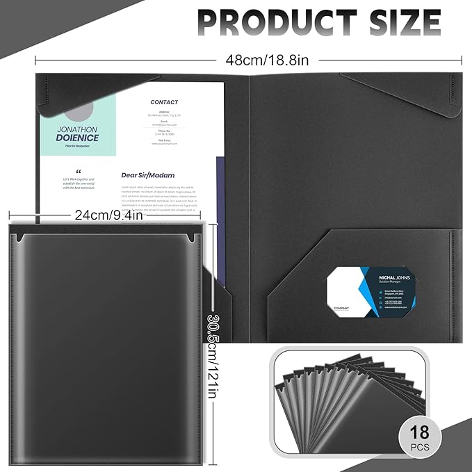 Henoyso 18 Pcs Plastic Folders with Clear Front Pockets Heavy Duty File Folders with 2 Pockets and Card Slot for Student Communication School Office Presentation Report (Black)
