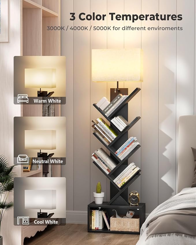 Evermagin 6 Tier Tree Bookshelf with Light, Bookcase, Black | Narrow Tower Design, Storage Cabinet for Book Organization, Tall Floor Standing Use, Living Room, Bedroom and Home Office