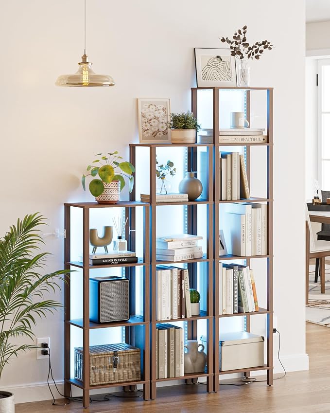 Open Book Shelf with LED Lights, 4 Tier Small Bookshelf, Freestanding Shelf Narrow Bookcase with Open Shelves, 14.96" x 10.63" x 41.26", Book Shelves for Living Room, Office, Study, Walnut