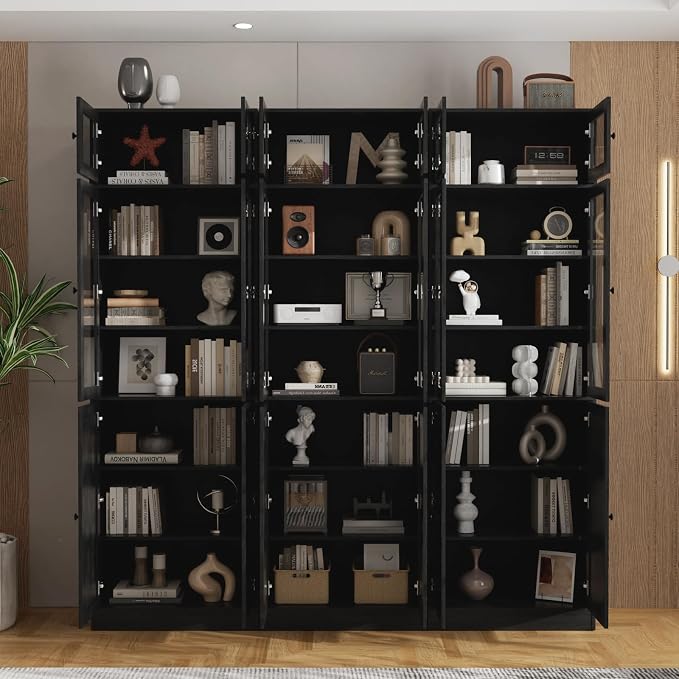 TUSY 85.5" Modern Tall Bookcase with Glass Doors, 7-Tier Wood Bookshelf with Storage for Home Office, Large Curio Cabinet for Living Room, Office, Bedroom, Family Room (Black, BBB)