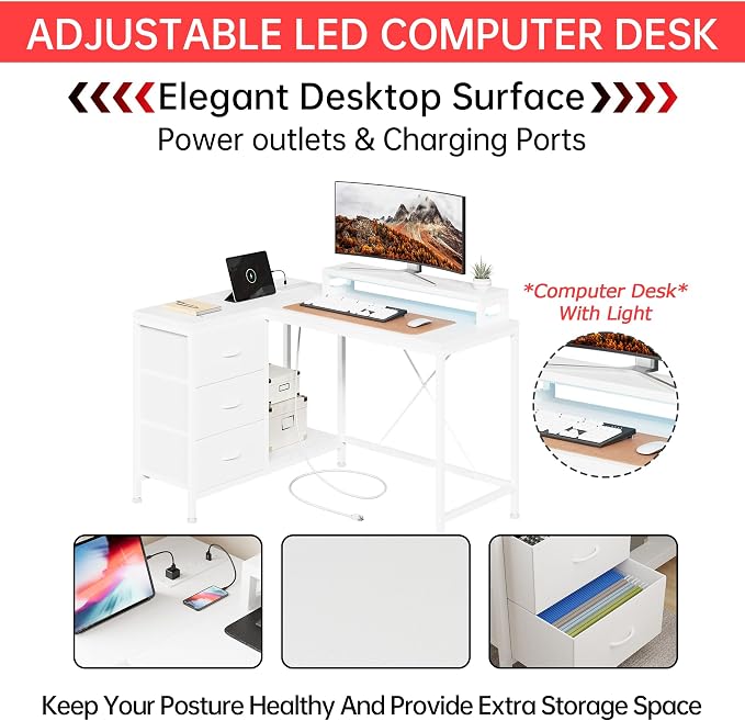 Hetoy L-Shaped Gaming Desk with Power Outlets, Corner Desk with Drawers, Shelves & LED Lights, Computer Desk for Home & Office