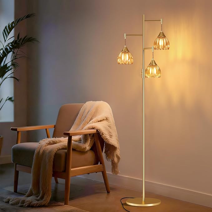 Shenmoyl Stepless Dimming Floor Lamps for Living Room, Bedroom, Gold Standing Lamp with 3pcs 6W Bulbs, Vintage Brass Floor Lamp for Corner, Nursery (Amber Tulip)